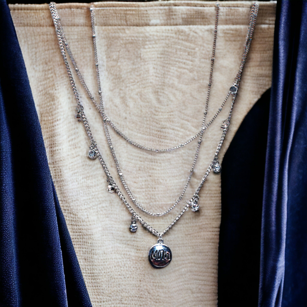 Triple Layer Dainty Rhinestone MOM Necklace - White